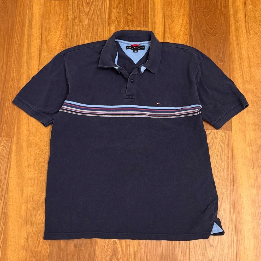 Vintage Tommy Hilfiger Navy Blue Chest Stripe Polo Shirt Men's Size Large